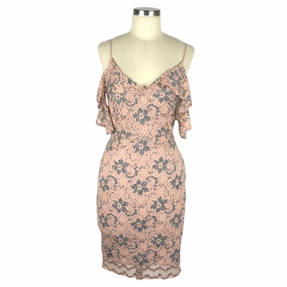 ASTR Pink‎ Gray Floral Lace Mini Dress M Ruffles
